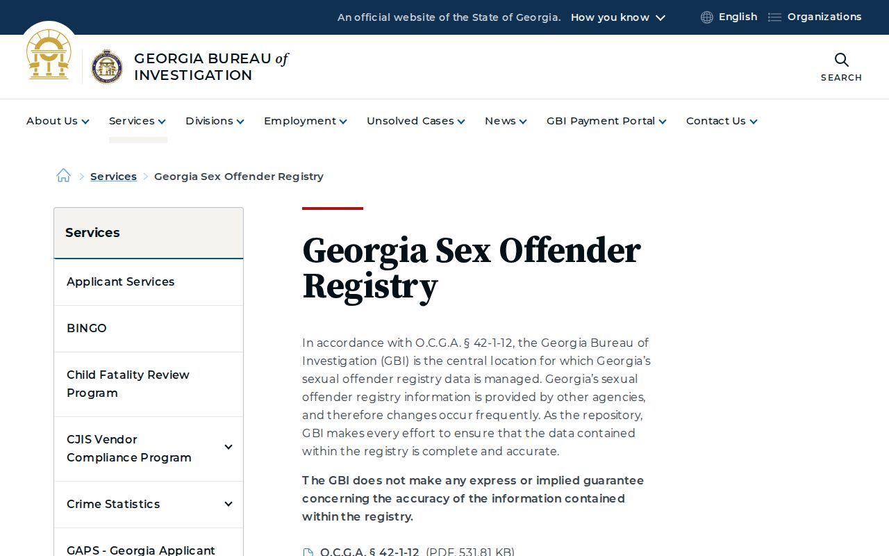 Laurens County sex offender search entry at the Georgia Bureau of Investigation